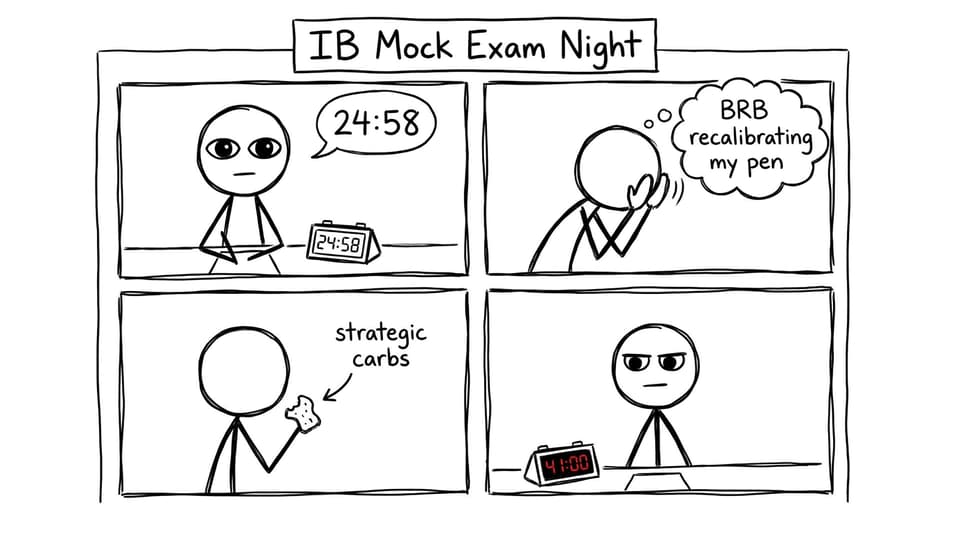 Students on a serious group call for an IB mock exam, with one friend “recalibrating” their pen