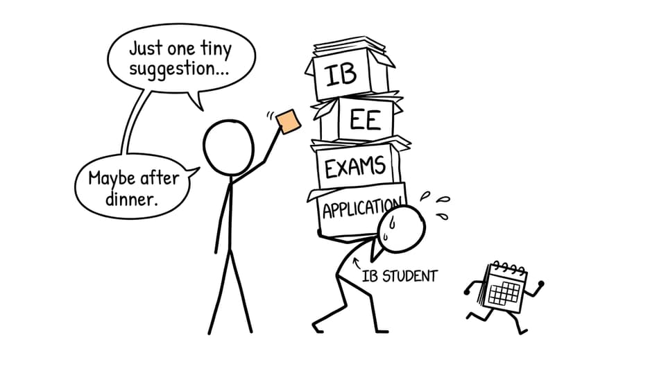 An IB student carries exams, an EE and an application while a calendar escapes