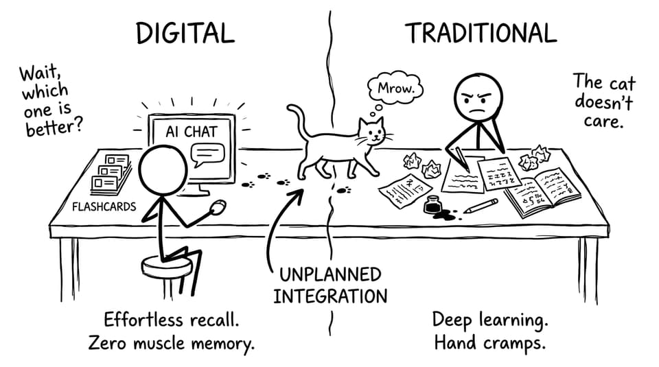 Desk split into digital vs traditional study; cat labeled unplanned integration walks across both