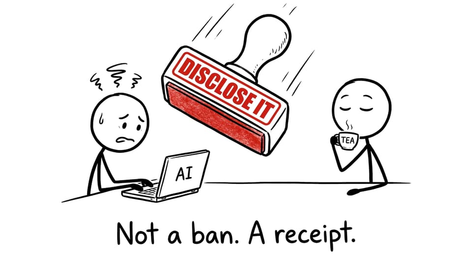 A rubber stamp labeled DISCLOSE IT comes down on an AI laptop, while a teacher calmly sips tea