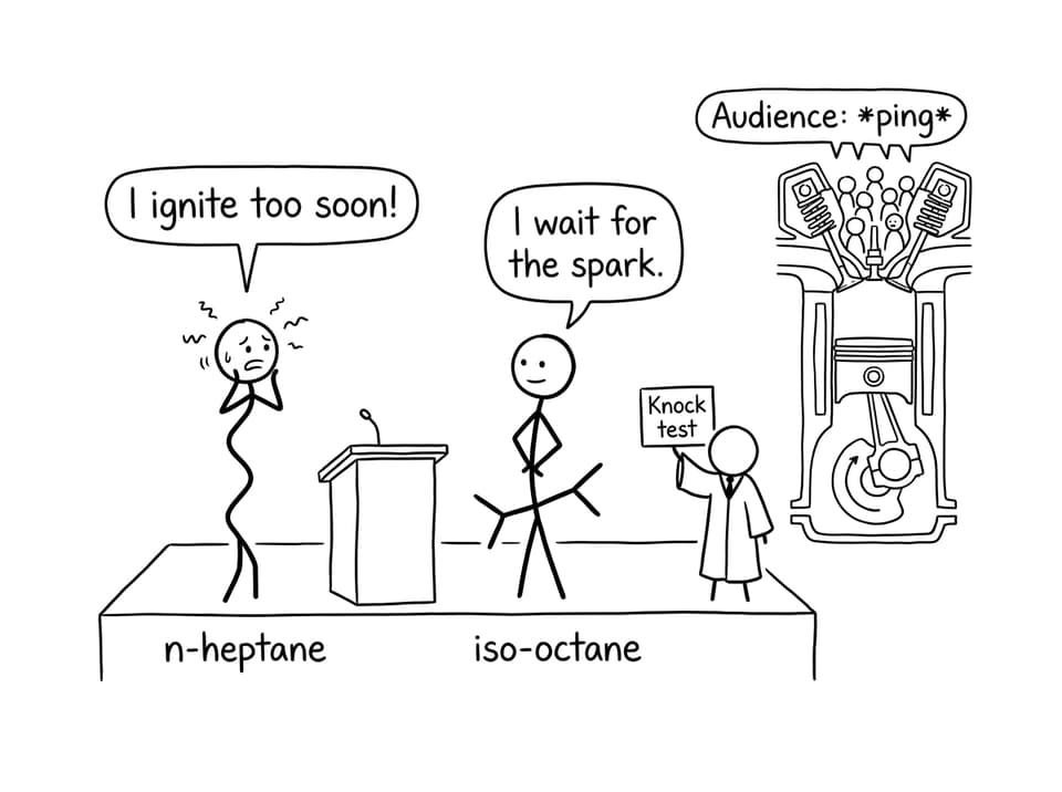 Straight chain vs branched molecules arguing in a knock test