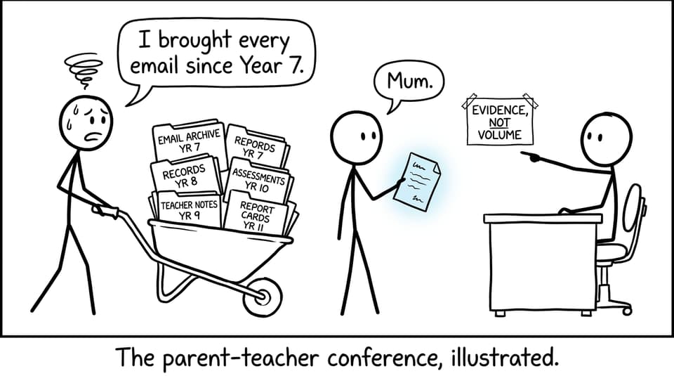 A parent brings far more paperwork than an evidence-based grade review needs