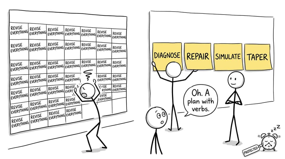 Comic showing a student replacing an impossible revision calendar with four clear phases