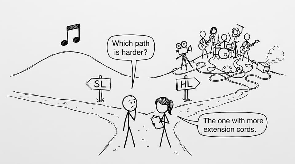 A student considers the extra cables waiting on the IB Music HL path