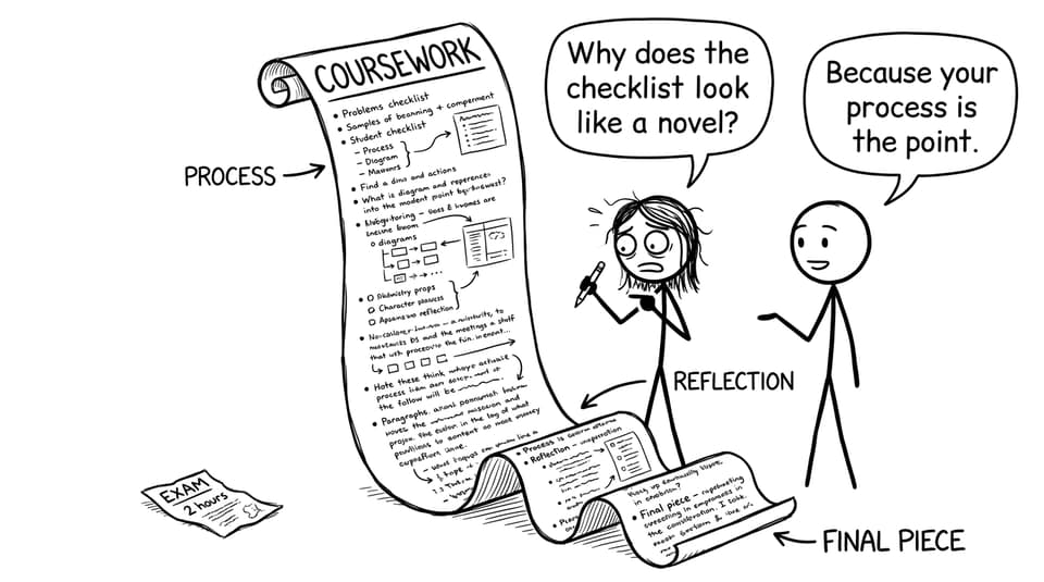 A giant coursework checklist vs tiny exam paper