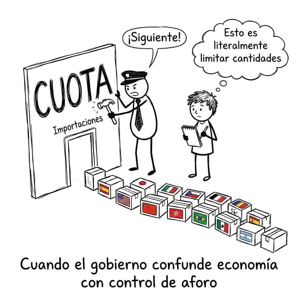 Un funcionario bloqueando la puerta de importaciones con “CUOTA”