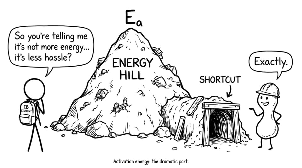 Comic: enzyme tunnel through activation energy hill