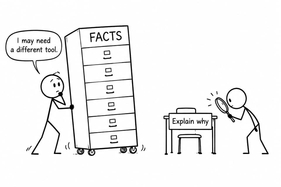 A student arrives with a giant cabinet of facts but discovers that the examination asks for explanation
