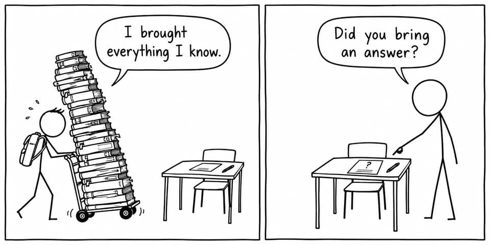 A student brings an enormous pile of books to an exam desk while another points to the question that still needs answering