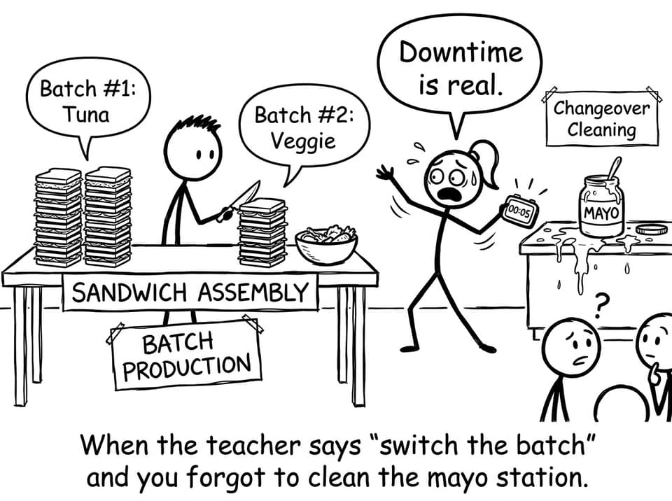 Two students “running” batch production in a cafeteria