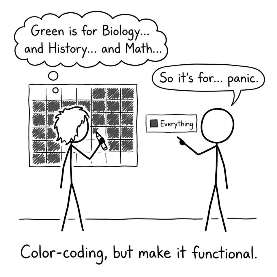 A student tries to color-code but everything becomes the same color