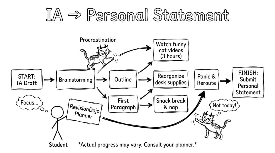 Flowchart derailed by a cat named Procrastination