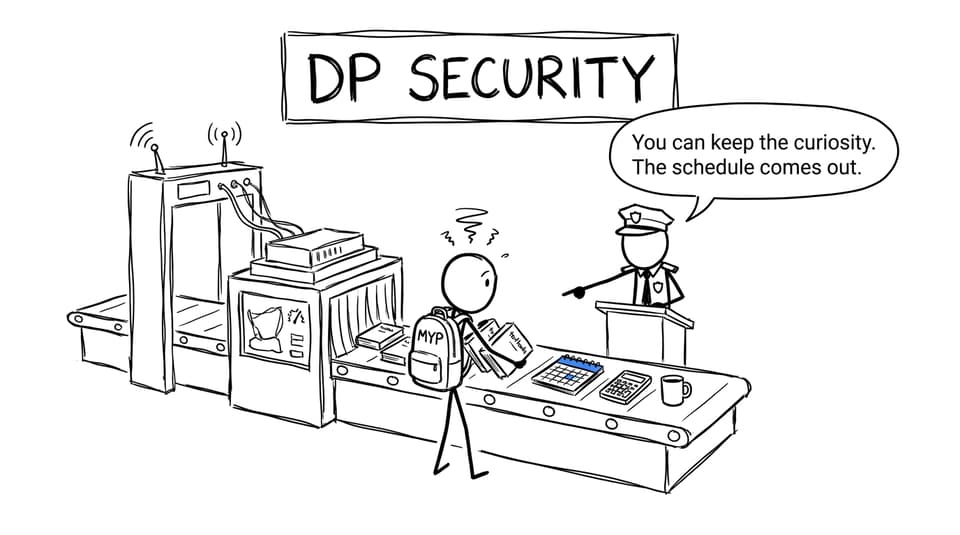A student carrying MYP curiosity through an absurd DP security checkpoint