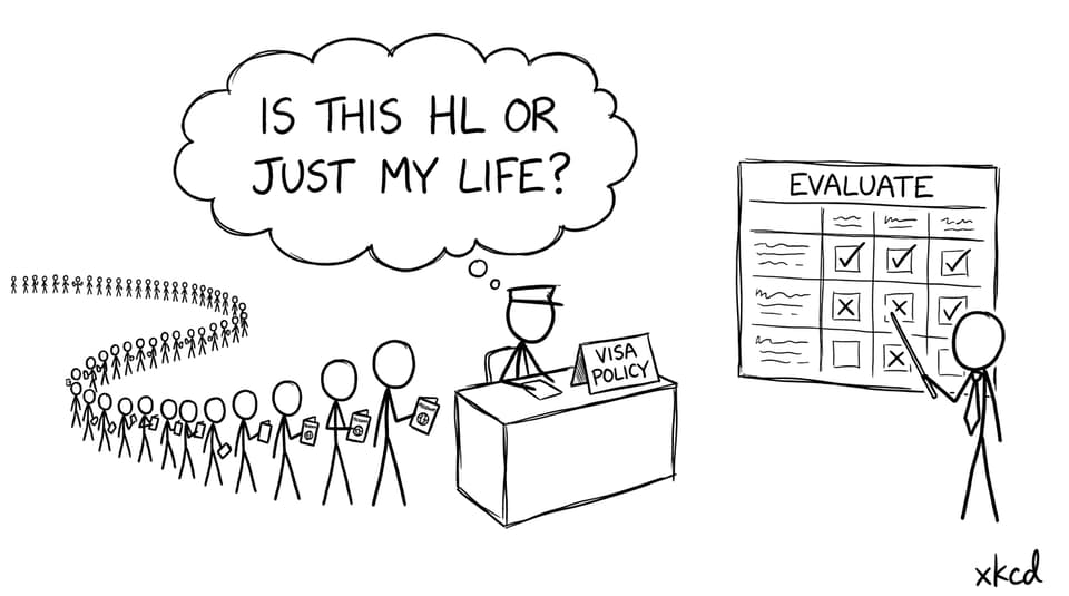 Visa desk, passport line, and a rubric that says “Evaluate”