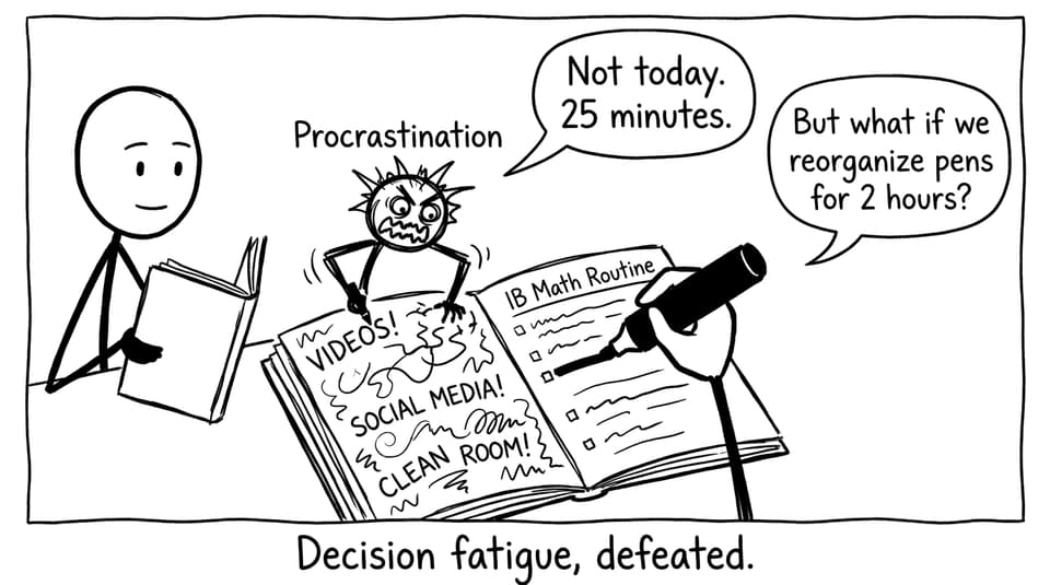 A stick-figure comic about procrastination vs a 25-minute routine