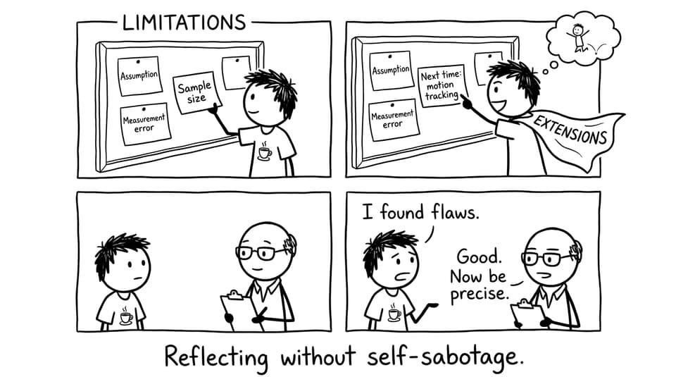 A “Limitations” board covered in sticky notes, while “Extensions” wears a cape