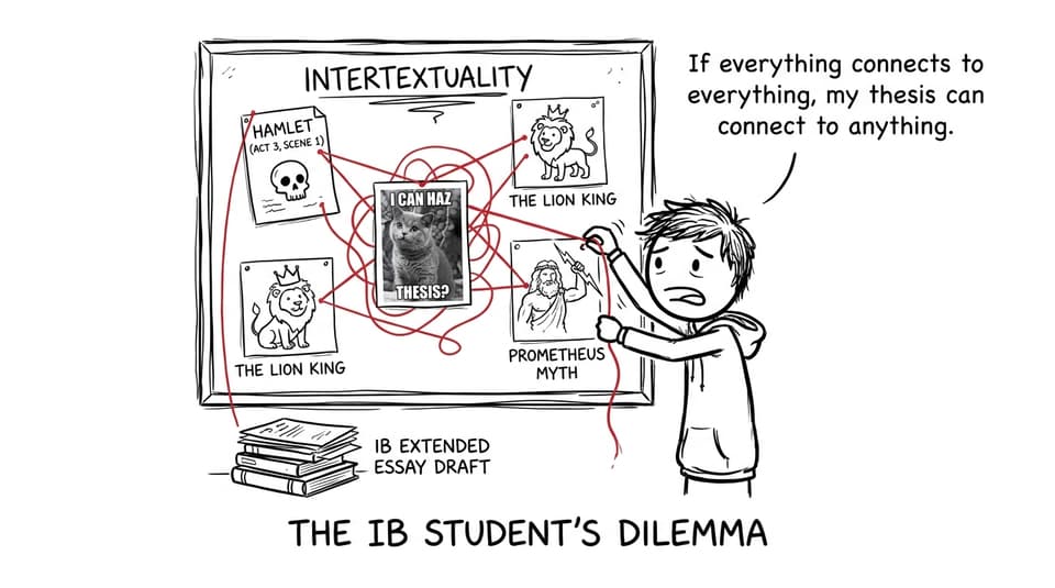 A stressed IB student building an intertextuality corkboard