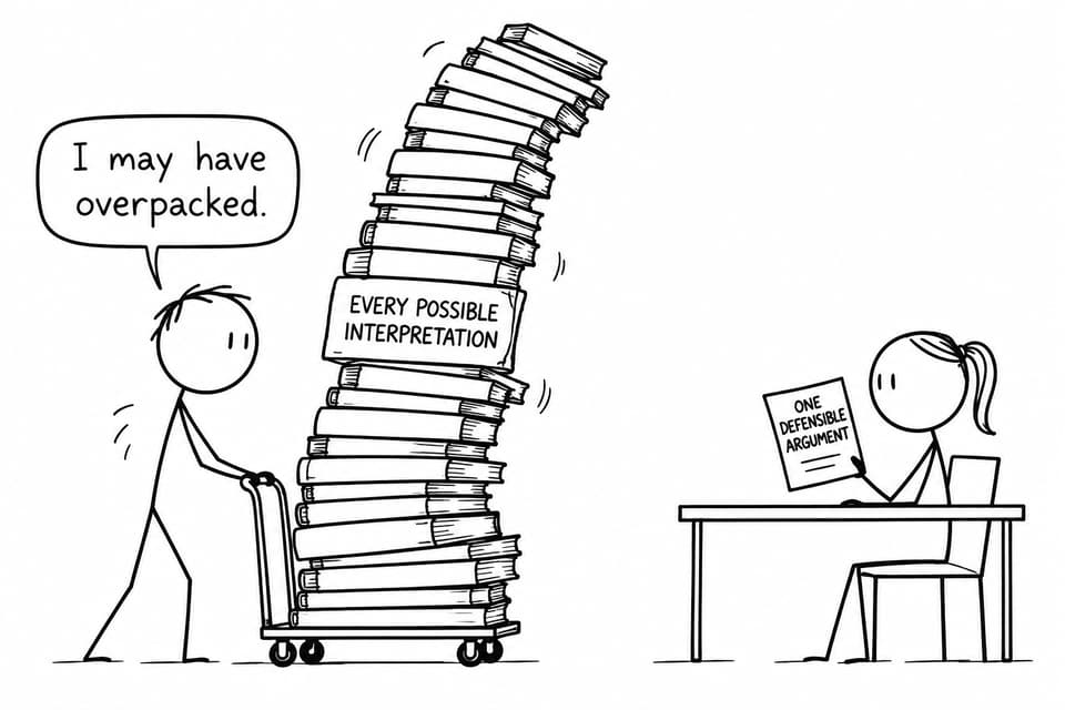 Two students contrast an enormous stack of possible interpretations with one defensible argument.