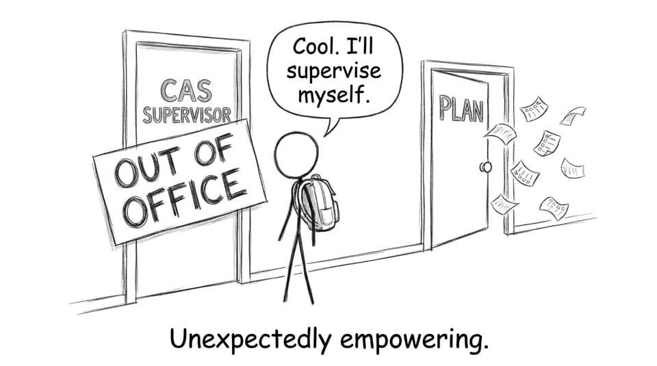 Student at CAS Supervisor door with Out of Office sign