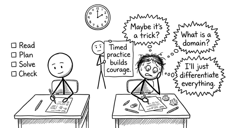 XKCD-style comic about timed practice and chaotic thoughts