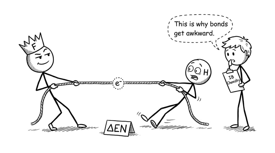 Stick-figure atoms tug-of-war over electron labeled e-, with ΔEN sign and student referee holding clipboard labeled IB Chemistry