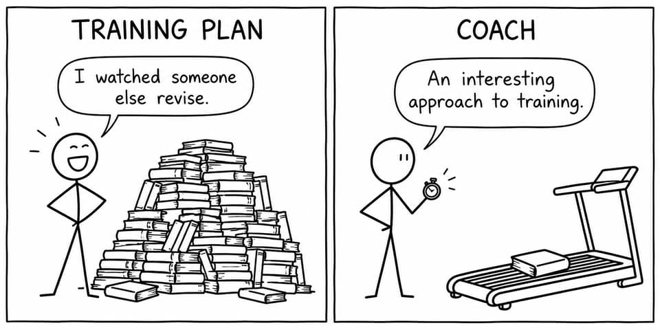 A student claims that watching someone else revise is a training plan while a coach questions the approach