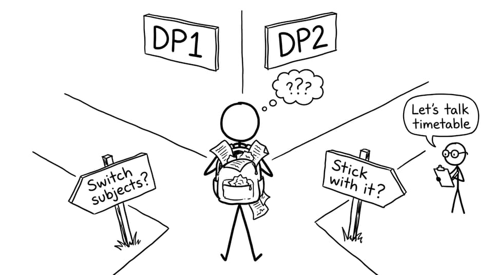 Student at the DP1/DP2 fork debating switching