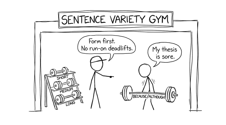 A comic about sentence variety as a gym