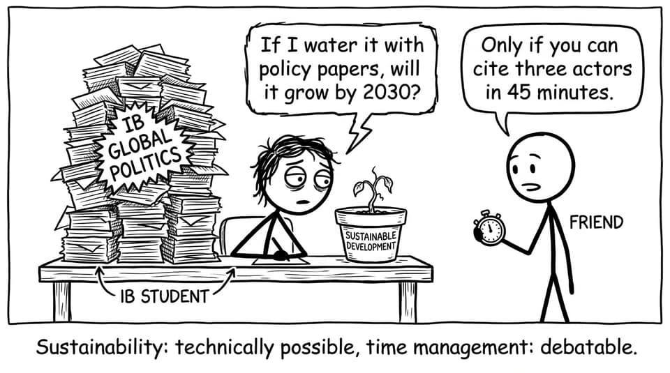 IB student watering a tiny plant with policy papers