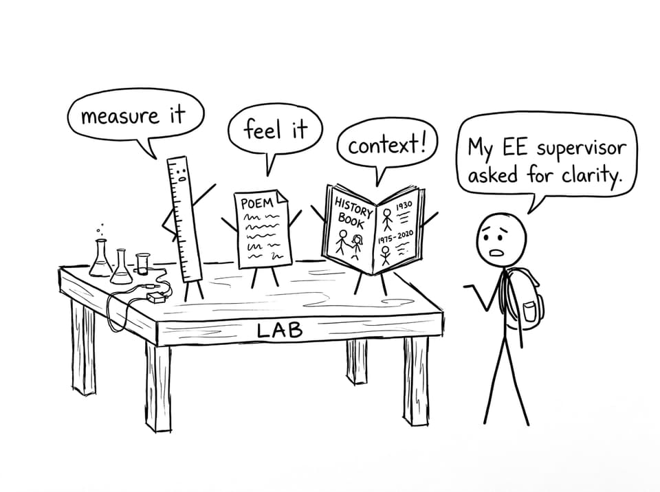 A ruler, a poem, and a history book argue about methods