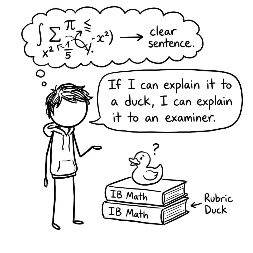 Student explains to Rubric Duck on IB Math books