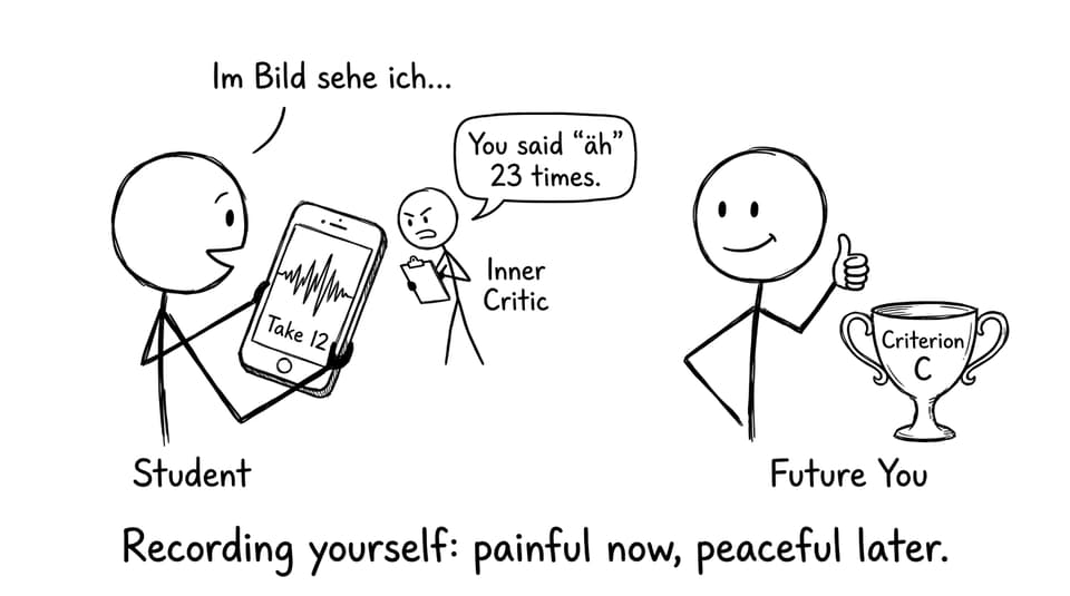 Recording app shows “Take 12” while future-you celebrates