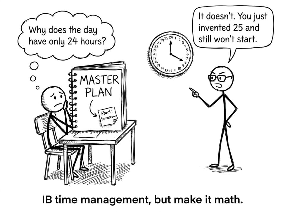 IB time management comic: 25-hour clock