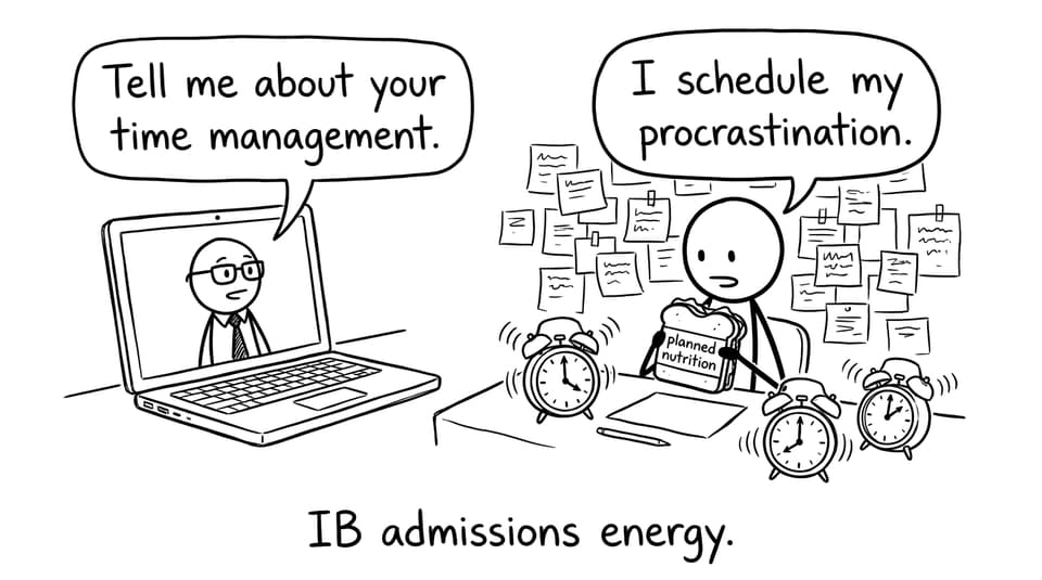 Online interview joke about time management in IB admissions