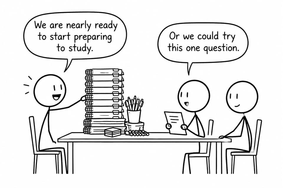 Three students compare an enormous pile of planners with one useful practice question