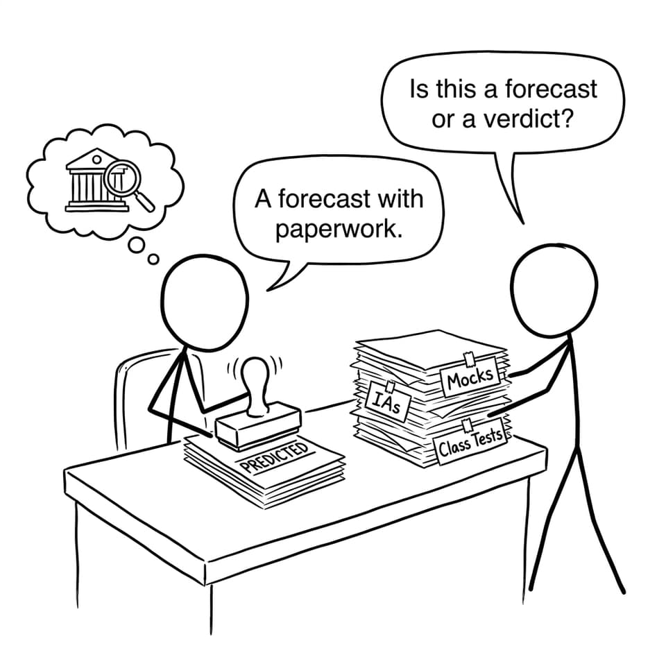 A teacher stamping grades as "PREDICTED" while a student asks if it's a forecast or verdict