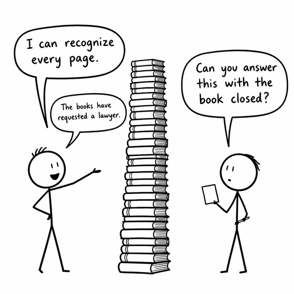 Two students beside a towering pile of books joke about recognizing pages without being able to answer a closed-book question