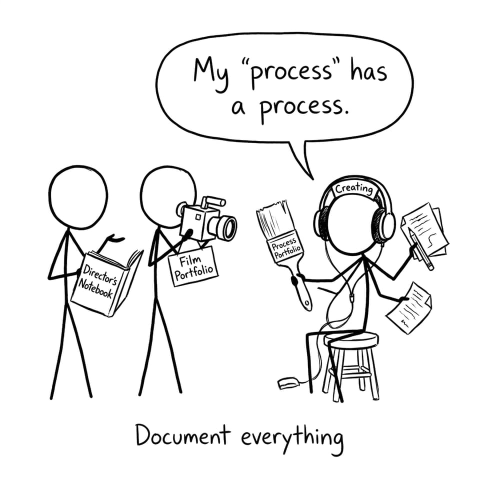 Overloaded student with portfolios joke