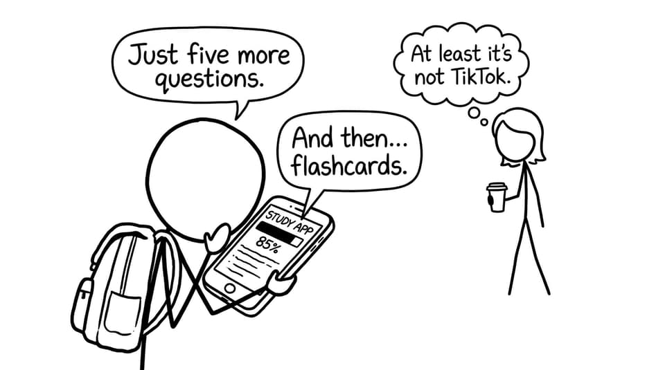 A study app says “And then… flashcards.” Parent says “At least it’s not TikTok.”