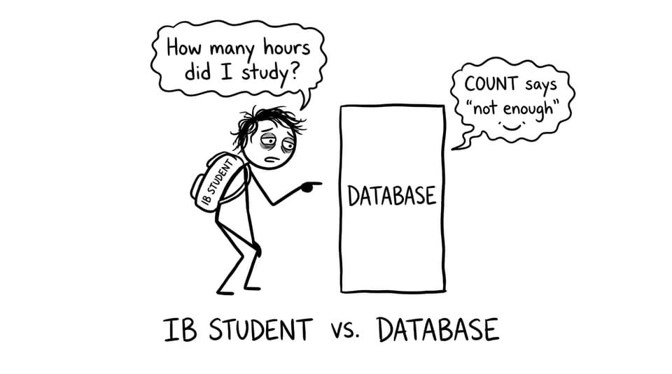 A stressed IB student asks a database for study hours; COUNT replies “not enough.”