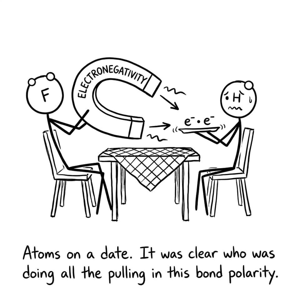 Two atoms on a date debating who is pulling the shared electrons