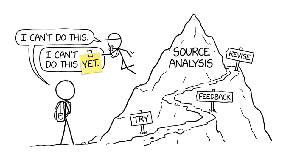 A student discovers that adding yet turns source analysis into a climbable process