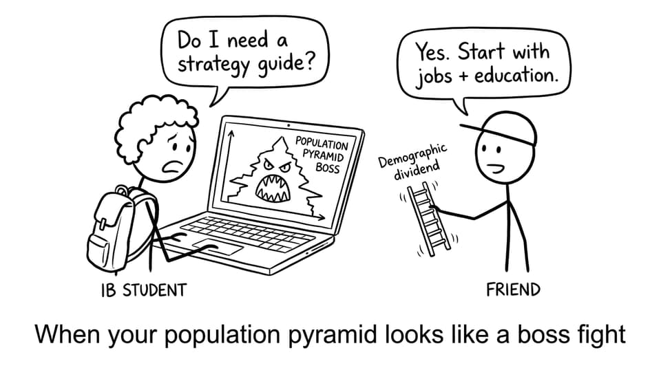 XKCD-style comic: population pyramid boss fight