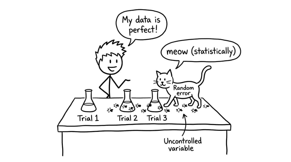 Three trials, a cat labeled random error, and paw prints as uncontrolled variable
