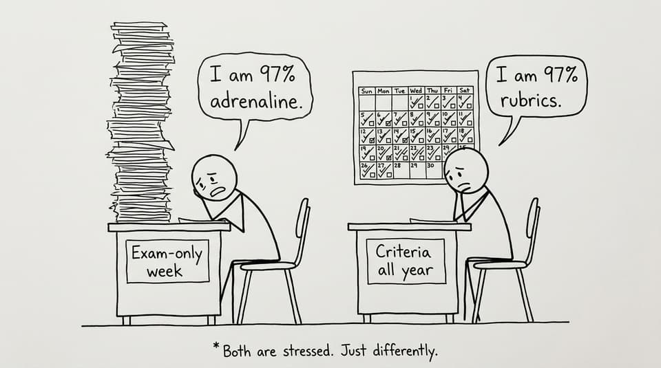 A joke about exam stress vs rubric stress