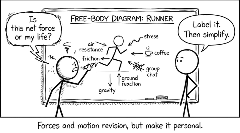 Student drawing free-body diagram with emotions