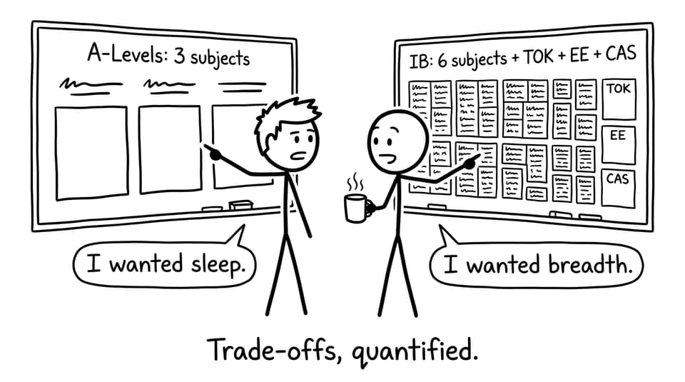 Two students comparing A-Levels and IB workload