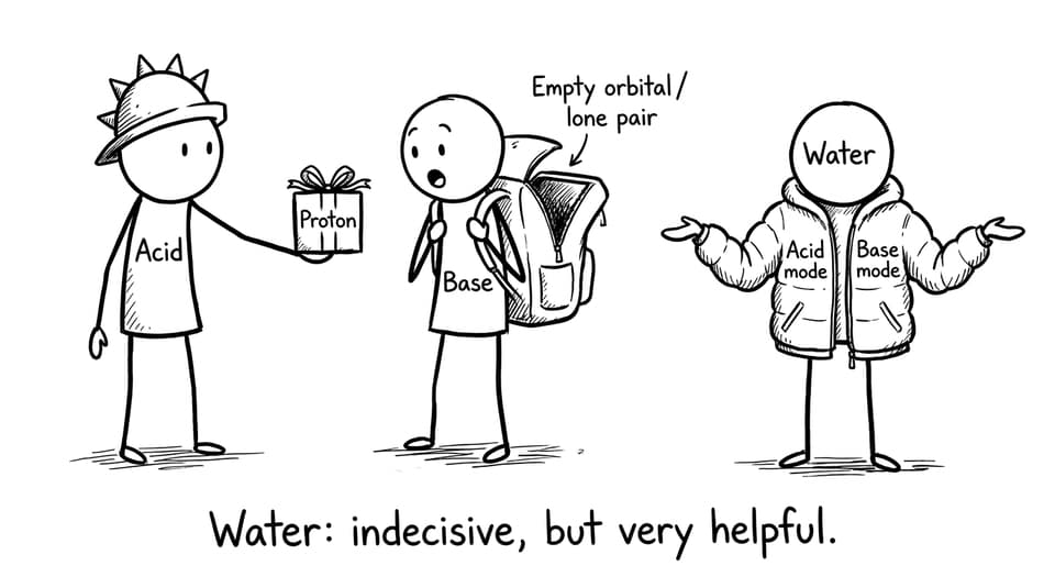Comic about acids gifting protons and water switching roles
