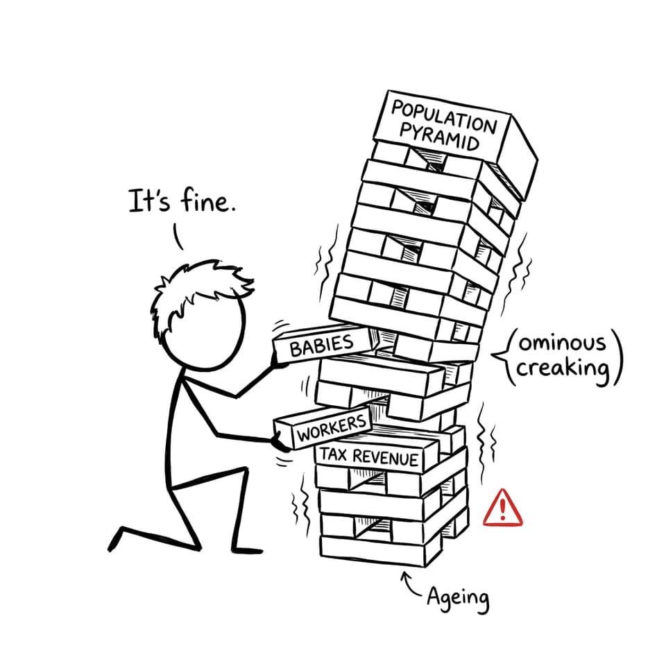Population pyramid as a wobbly Jenga tower