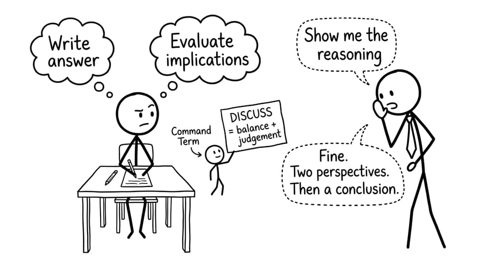 Exam hall command term “DISCUSS” joke